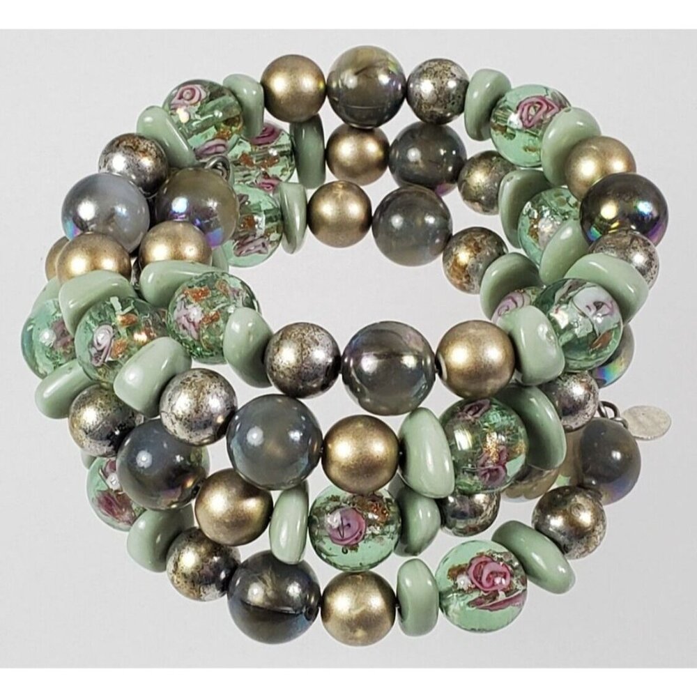 Chico's Wrap Stack Bracelet Green Flowers